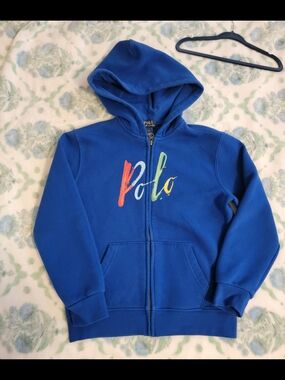 Polo Ralph Lauren Boy Youth 7 Blue Script Zip Up Hoodie